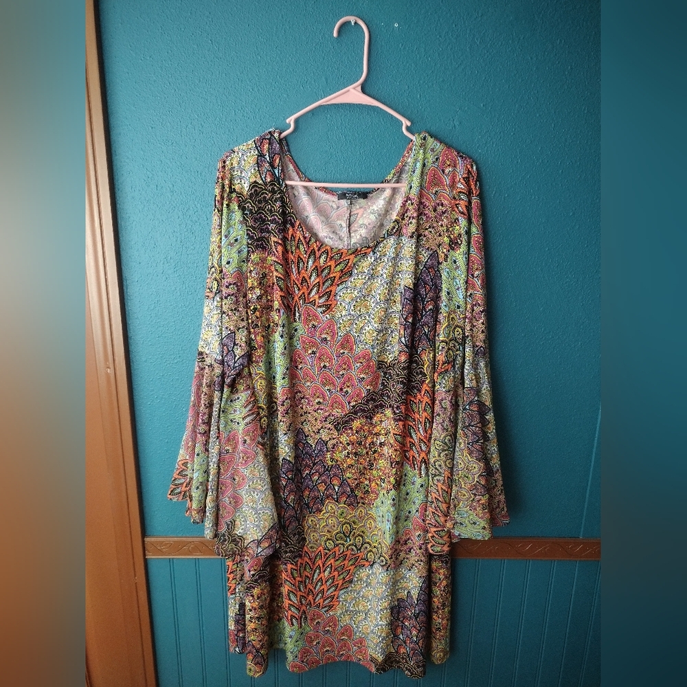 MSK Women Boho Chic Paisley Colorful Peacock Bell Sleeves Plus Size Dress